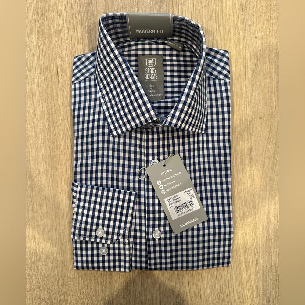 Stacy Adams Navy and White Checkered Shirt, Size 15.5 NWT